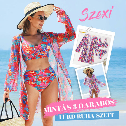 🌼 Női divat többszínű nyomtatott bikinis fürdőruha 3 részes készlet