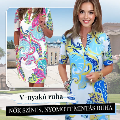 Nők színes, nyomott mintás V-nyakú ruha