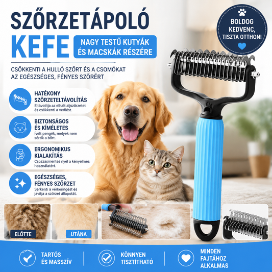 🐾 Gyengéd gubancok és kihullott szőr eltávolítása – Kétoldalas kisállat szőrápoló kefe – Utánvétes ✨