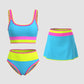 🏖️👙Színes blokkos, patchwork mintás, nylonból készült, sportos, 3 részes bikini szett