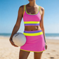 🏖️👙Színes blokkos, patchwork mintás, nylonból készült, sportos, 3 részes bikini szett