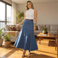 Női magas derekú A-vonalú denim maxi szoknya