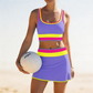 🏖️👙Színes blokkos, patchwork mintás, nylonból készült, sportos, 3 részes bikini szett