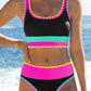 🏖️👙Színes blokkos, patchwork mintás, nylonból készült, sportos, 3 részes bikini szett