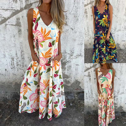 Divat V-nyakú laza zsebes nyomtatott pántnélküli ruha