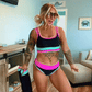 🏖️👙Színes blokkos, patchwork mintás, nylonból készült, sportos, 3 részes bikini szett