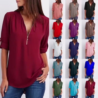 💖Laza Plus Size blúz 3/4 ujjakkal és cipzárral