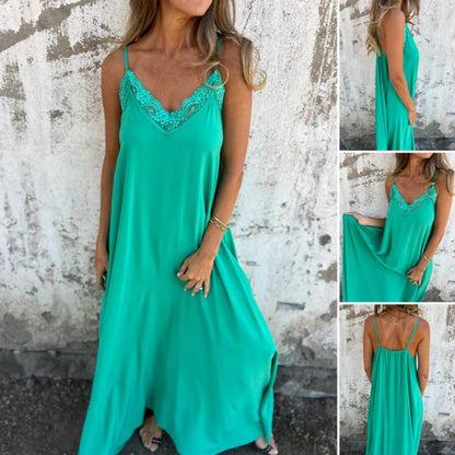 🌸💐 Női elegáns csipke szegélyű V-nyakú spagettipántos maxiruha