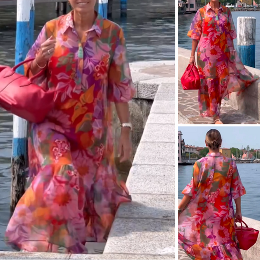 Piros virágos nyomtatott sifon ruha🎀