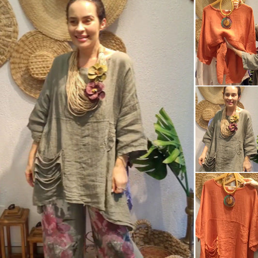 【S-5XL】🧡Női laza szabású lenvászon felső oldalzsebekkel✨