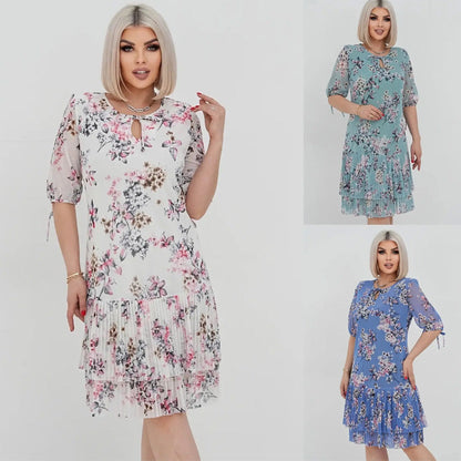 🌹Elegáns sifon hosszú pliszírozott ruha rövid ujjakkal👗