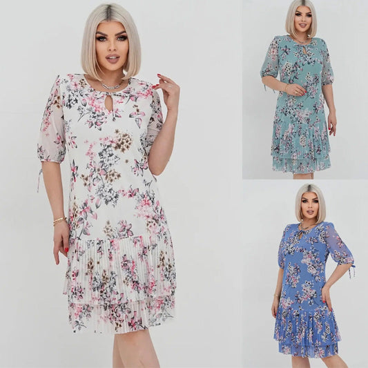 🌹Elegáns sifon hosszú pliszírozott ruha rövid ujjakkal👗