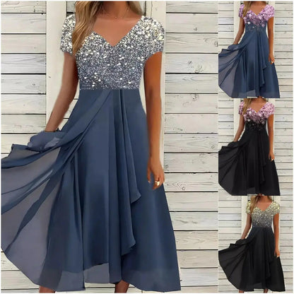 【S-5XL】👗Női nyári V-nyakú nyomtatott patchwork ruha✨