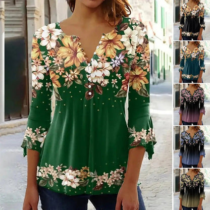 🌹Ingyenes rózsaszín nyaklánc 🌹Elegáns, virágmintás, V-nyakú női felső