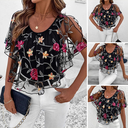 🌸 Női nyomtatott hálós patchwork felső