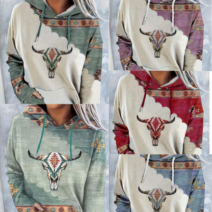 Női egyedi tehénkoponya mintás kapucnis pulóver