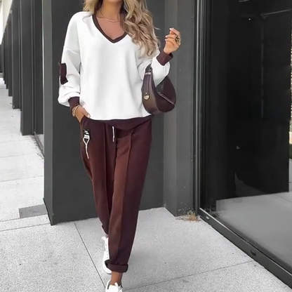 Színes blokkos pulóver kapucnis pulóver és jogging nadrág szett