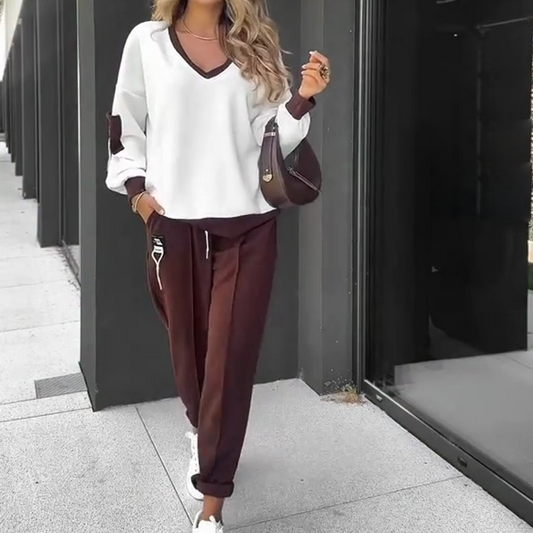 Színes blokkos pulóver kapucnis pulóver és jogging nadrág szett