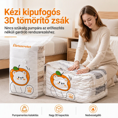 🧳 Kézi 3D-s vákuumzsák – nincs szükség légpumpára, újrafelhasználható, maximálisan kihasználja a tárolóhelyet – védi a takarókat és a ruhákat! ✨👚